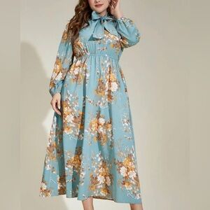 Floral Print Tie Neck Lantern Sleeve Dress
